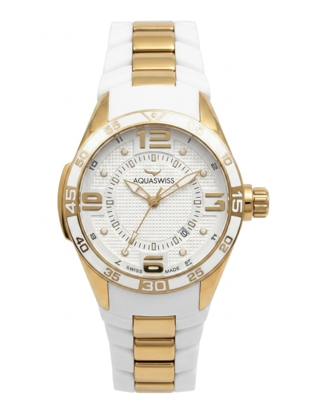UNISEX - Aquaswiss Trax 3H Luxury Watch White Strap & Yellow Gold Accents